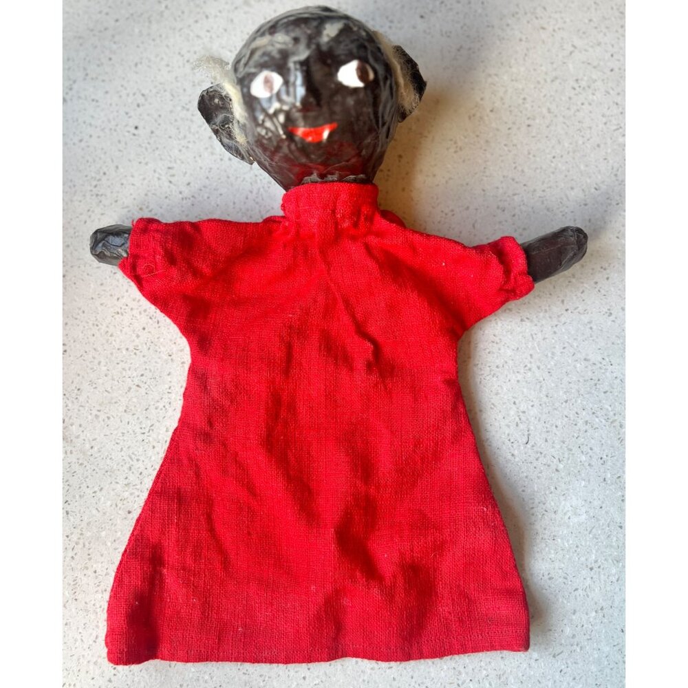 Handmade Black Papier-Mâché Puppet Doll In Red Cloth body Collectible VTG Folk
